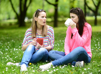 Fototapeta premium Young women drinking coffee at park and enjoying summer day