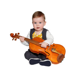 adorable baby playing violin .Wearing vest and  bowtie 
