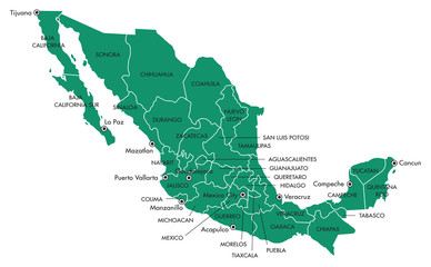 Map of Mexico with states and cities