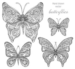 Vector set of black and white ornamental  butterflies isolated o