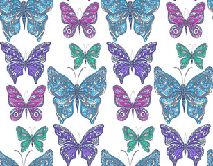 Seamless pattern with hand drawn flying butterflies.