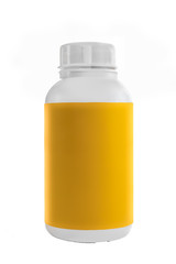 White plastic container with yellow label and white lid.