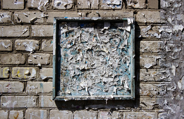 rough old dilapidated board white brick wall