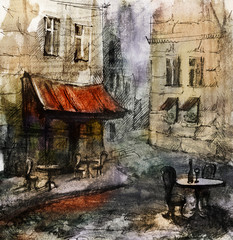 Fototapety  Francuskie europejskie kawiarnie na świeżym powietrzu malowanie, rysunek graficzny w kolorze