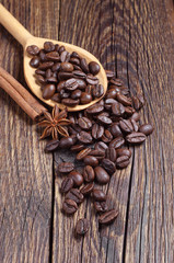Coffee beans and wooden spoon