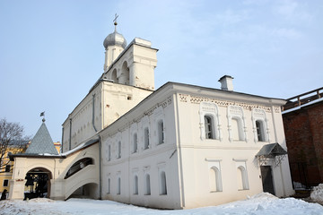 Fototapeta na wymiar Ancient Belfry in the Veliky Novgorod, Russia
