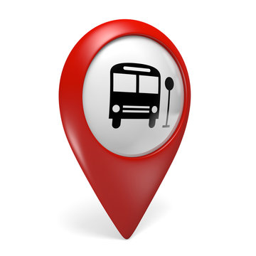 3D Red Map Pointer Icon With A Bus Symbol For Public Transport