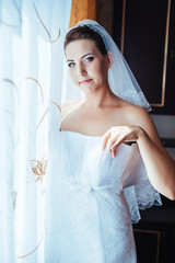 Fototapeta premium Bride getting ready. beautiful bride in white wedding dress with