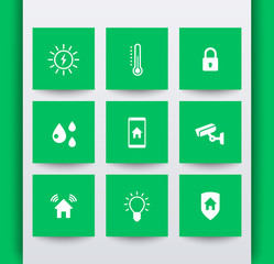 Smart house white icons in green squares, vector, eps10