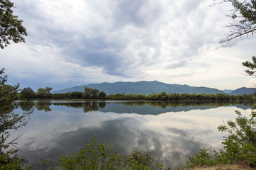 Mountain with lake and forest panorama