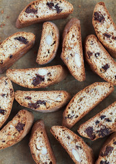 Handful of homemade biscotti with chocolate and almonds 