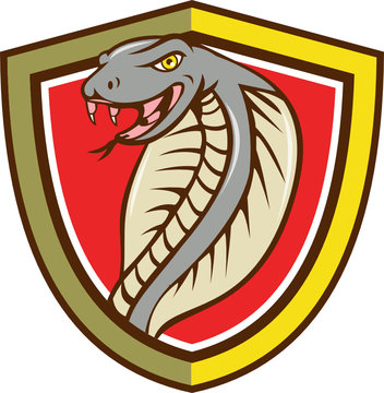 Cobra Viper Snake Head Attacking Shield Cartoon
