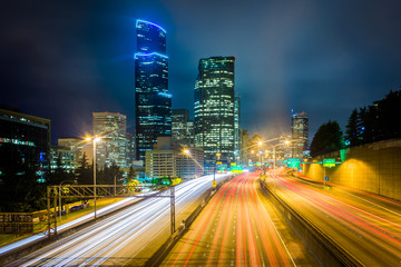 Skyscrapers and I-5 at night, seen from the Yeller Way Bridge, i