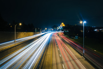 View of I-5 at night, from the Yeller Way Bridge, in Seattle, Wa
