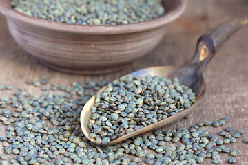 Dry green french lentils (Du Puy) in a clay bowl and in a scoop