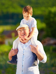 happy grandson sitting on shoulders of grandpa, countryside