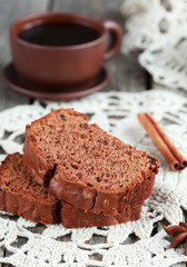 Slices of homemade chocolate cake with figs and a cup of coffee