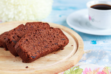Slices of homemade chocolate cake with figs 
