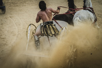 Show, chariot race in a Roman circus, gladiators and slaves figh