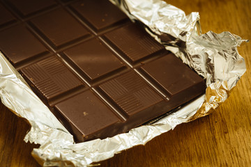 Dark chocolate bar in opened foil wrapping.