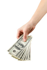 Hand holding  dollars isolated on white background