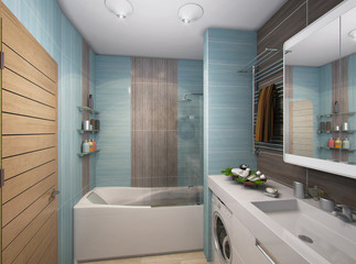 3D illustration of a bathroom in turquoise tones