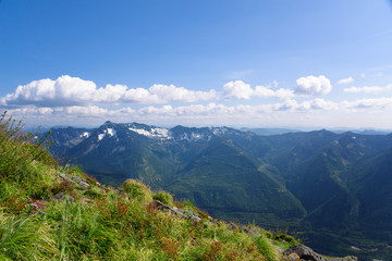 Naklejka premium View from the top of the mountain. Mountain lake.