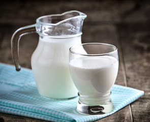 milk in a glass on wooden