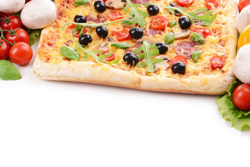 Delicious homemade pizza on white background