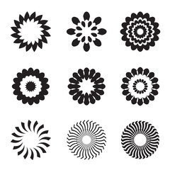Set of black geometric flowers, stars and graphic elements