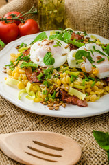 Spring salad of lentils with poached egg