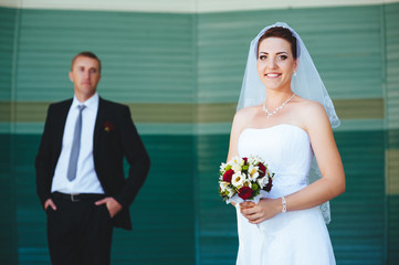 Bride and Groom at wedding Day walking Outdoors on spring nature