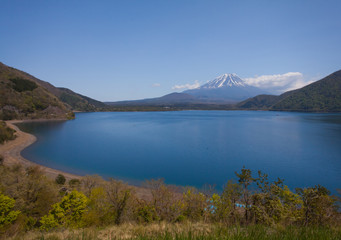 Mountain fuji and Lake Motosu in spring season