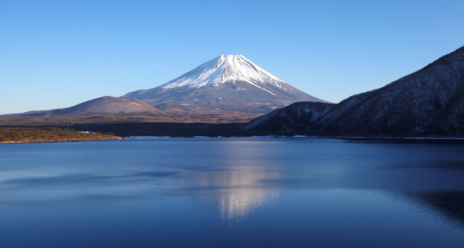 Mountain fuji and Lake Motosu in spring season