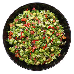 Salad with broccoli, red pepper, avocado, dill, raisins 