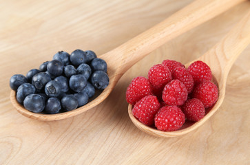 Blueberries and raspberries in a wooden spoons