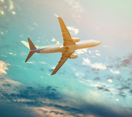 Big jet plane flying against perfect sky background