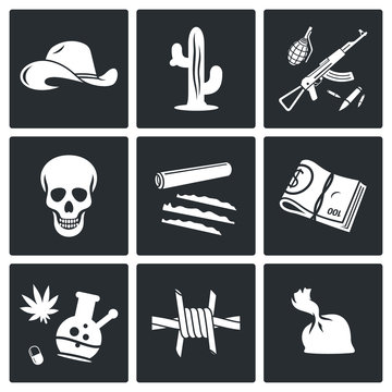 Mexican cartel and arms smuggling Vector Icons Set