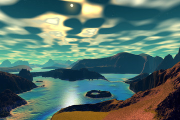 Obraz premium Fantasy alien planet. Rocks and lake