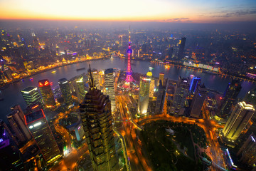 Obraz premium Aerial view of Shanghai at dusk, China