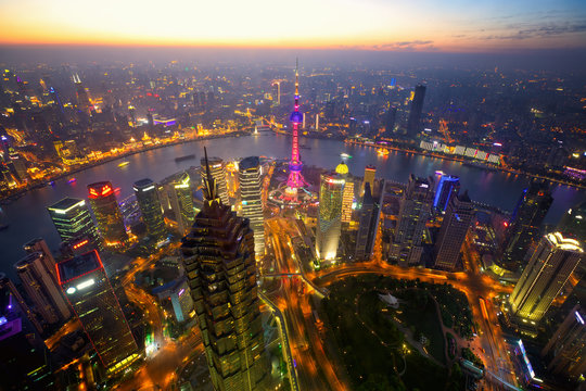Aerial view of Shanghai at dusk, China