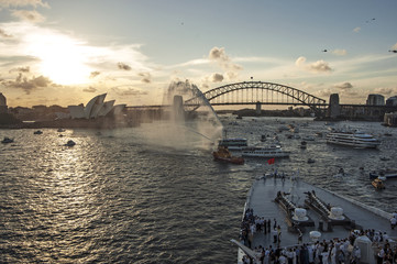 Sydney harbor with bridge during 2007 Queen Elizabeth 2 visit.
