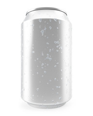 Aluminum can with water drops isolated on white background.