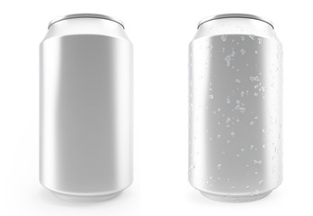 Set aluminum cans, wet with drops and without, isolated on white
