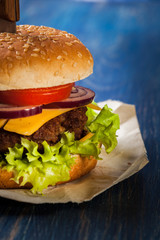 Hamburger pinned with knife
