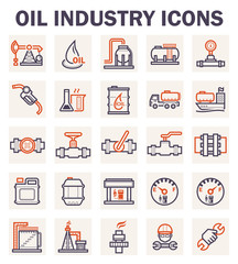 Oil and gas industry icon i.e. global process of exploration, extraction and refinery. Transport by oil tanker and pipeline. Business of petroleum product. Gas station and refuel. Vector icon set.