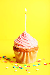 Birthday cupcake with butter cream and candle 