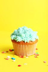 Birthday cupcake with butter cream on yellow background