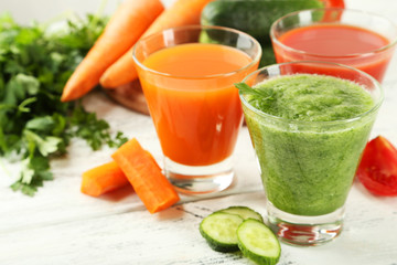 Fresh tomato, carrot and cucumber juice 