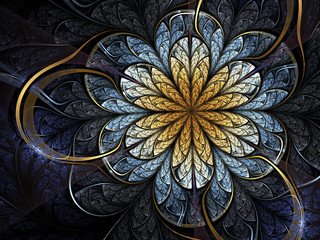 Obraz premium Blue and gold fractal flower, digital artwork